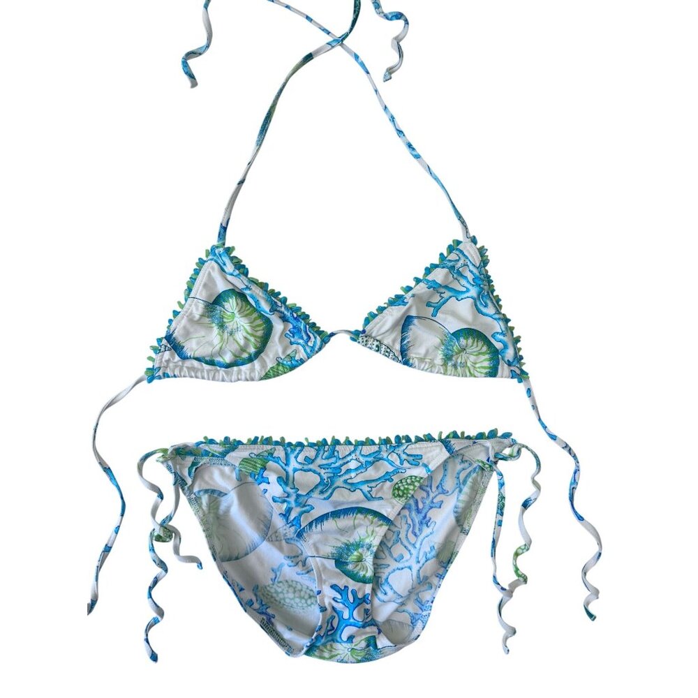 Manuel Canovas Vintage Fabric Bikini Coral Shell Print White Blue Size 3 (S/M)